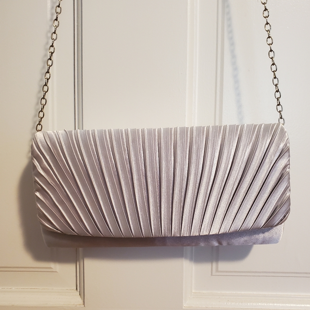 Le Chateau Silver Pleated Clutch with Removable Chain Strap